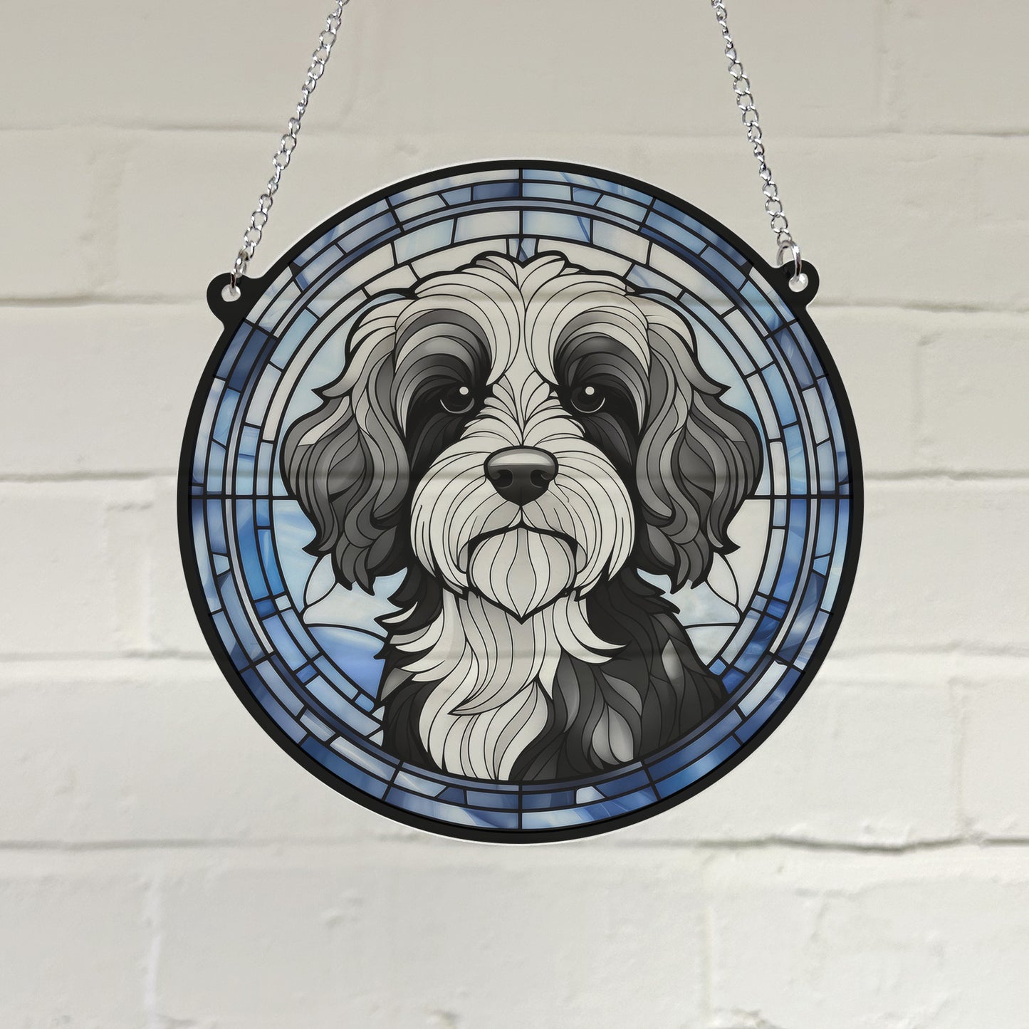 Cavapoo Black & White Stained Glass Effect Suncatcher