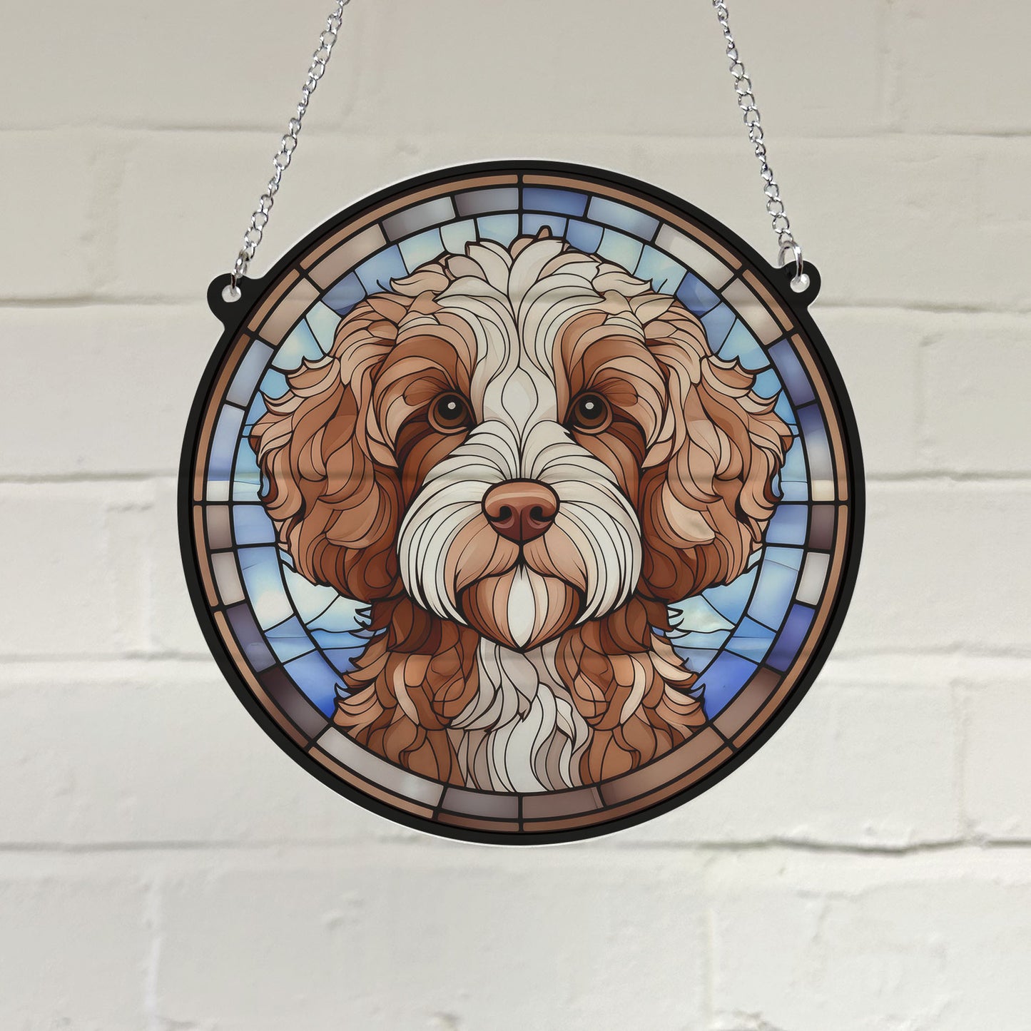 Cavapoo Brown & White Stained Glass Effect Suncatcher