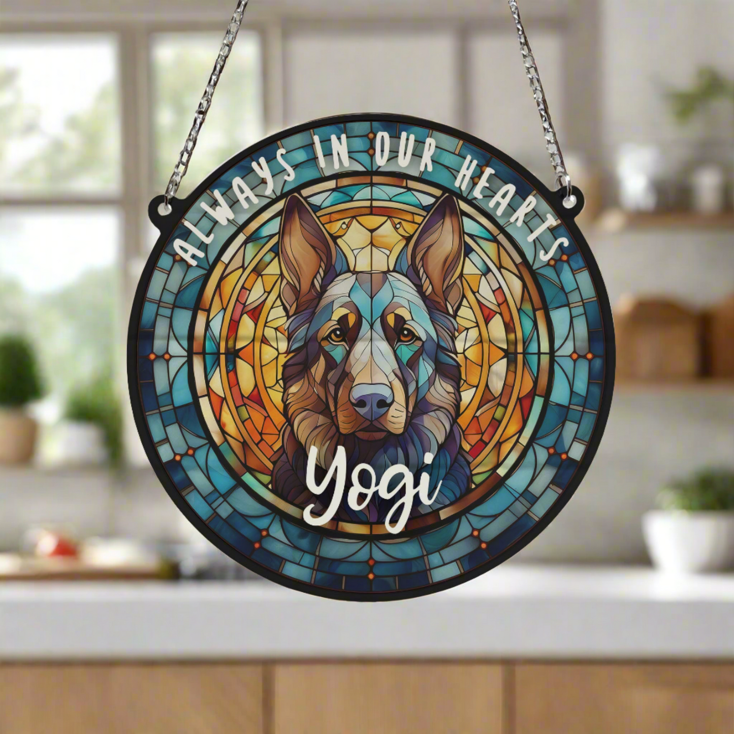 German Shepherd Black Memorial Stained Glass Effect Suncatcher