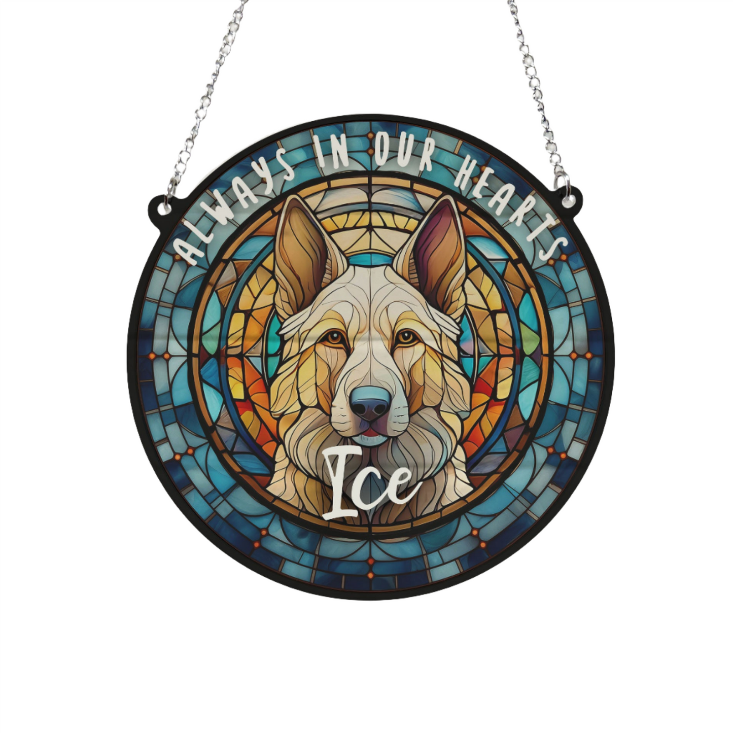 German Shepherd White Memorial Stained Glass Effect Suncatcher