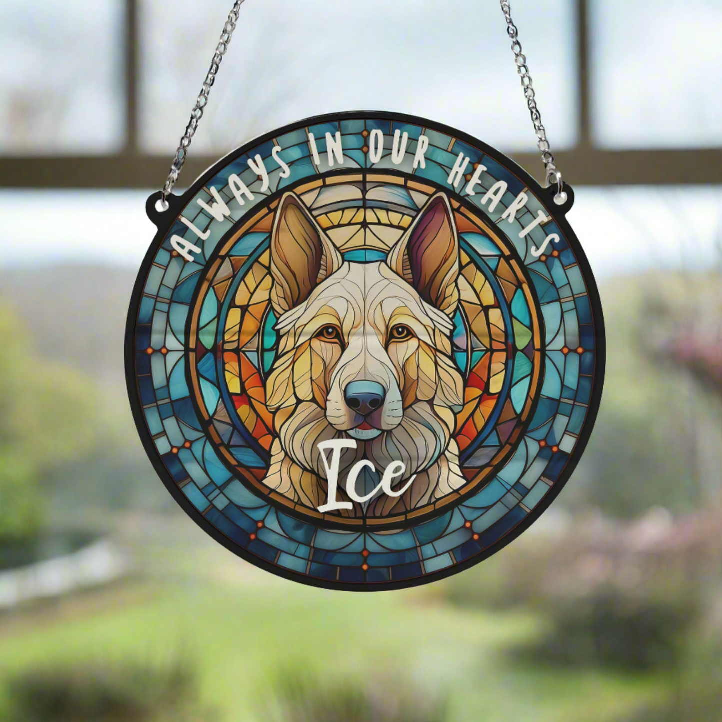 German Shepherd White Memorial Stained Glass Effect Suncatcher