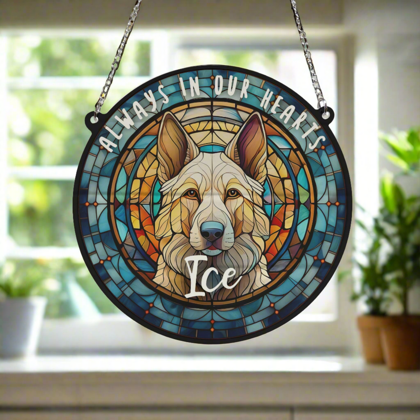 German Shepherd White Memorial Stained Glass Effect Suncatcher