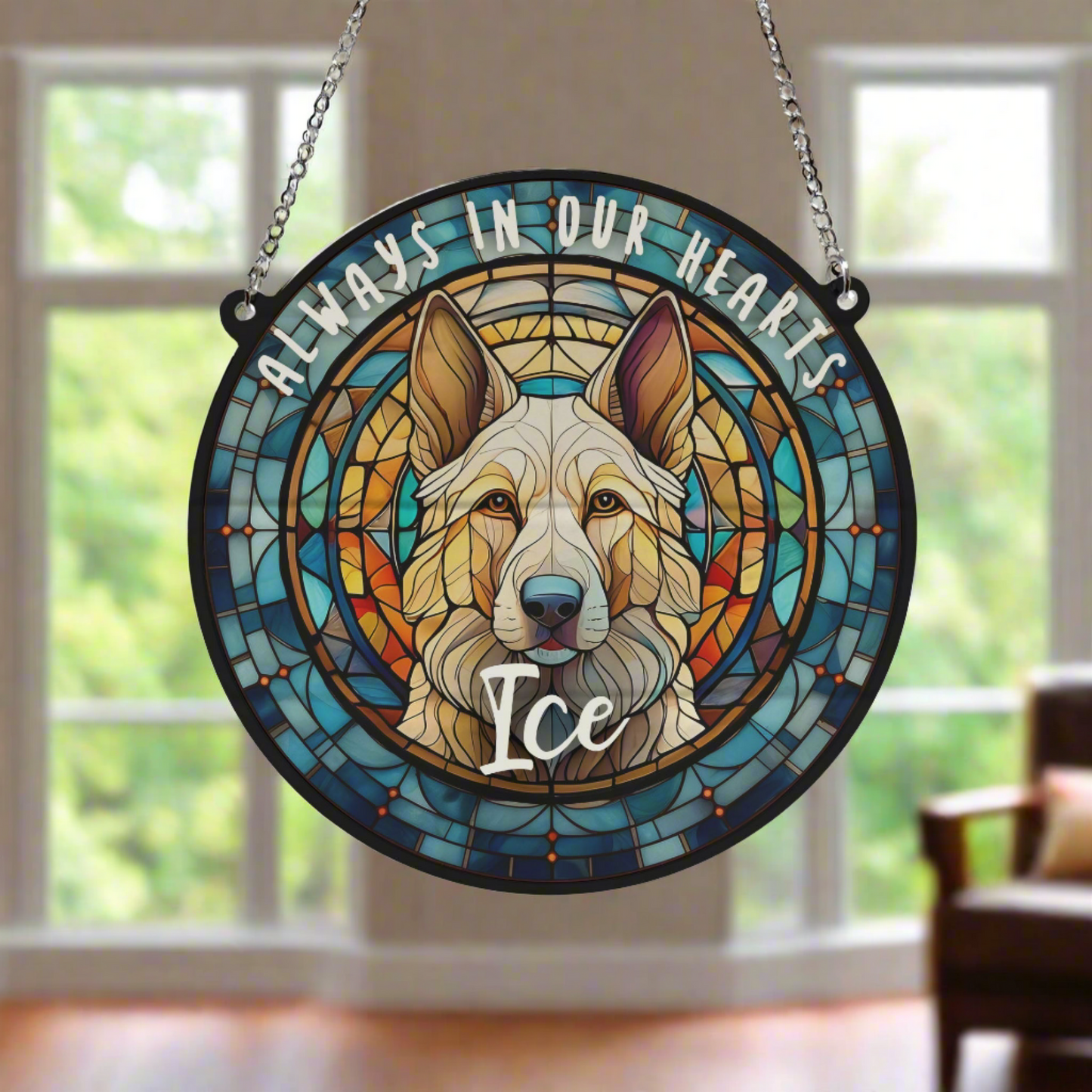 German Shepherd White Memorial Stained Glass Effect Suncatcher