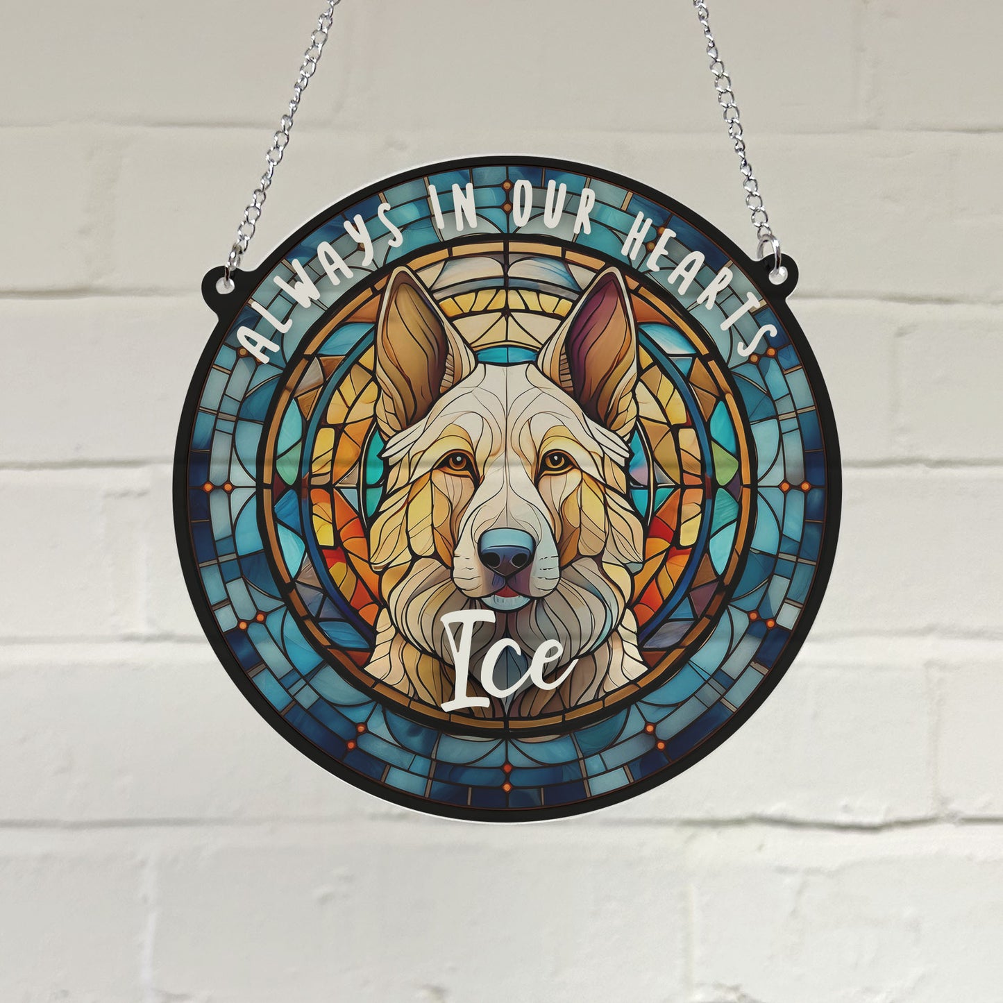 German Shepherd White Memorial Stained Glass Effect Suncatcher