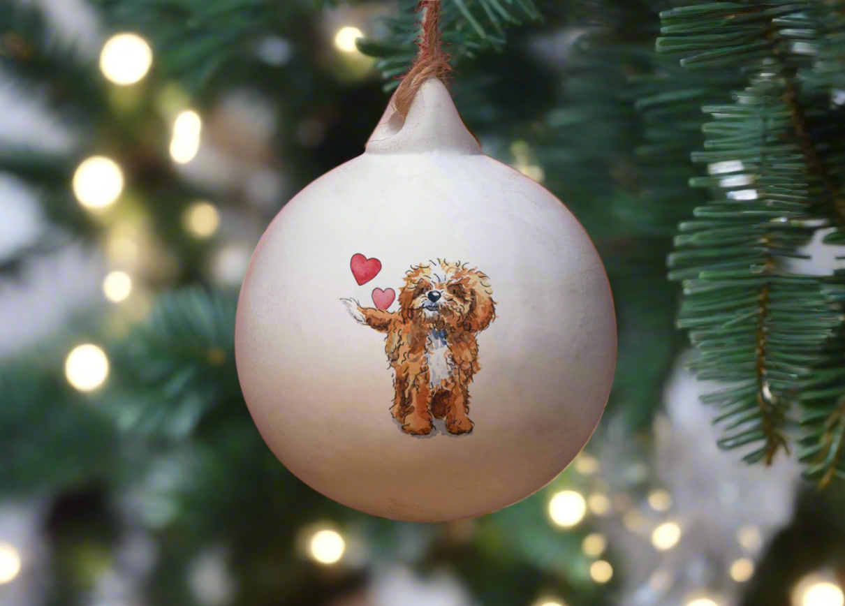 Cavapoo Red & White Ceramic Round Bauble