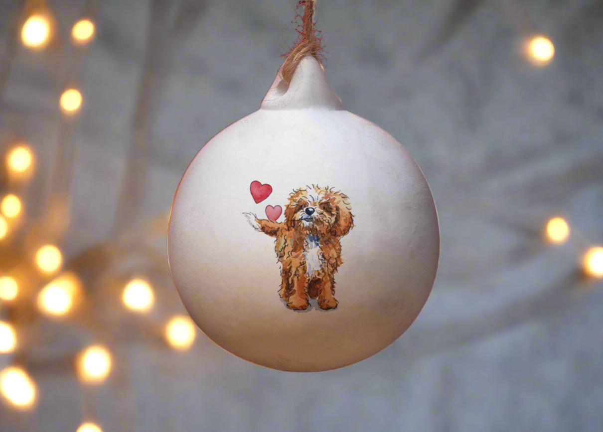 Cavapoo Red & White Ceramic Round Bauble