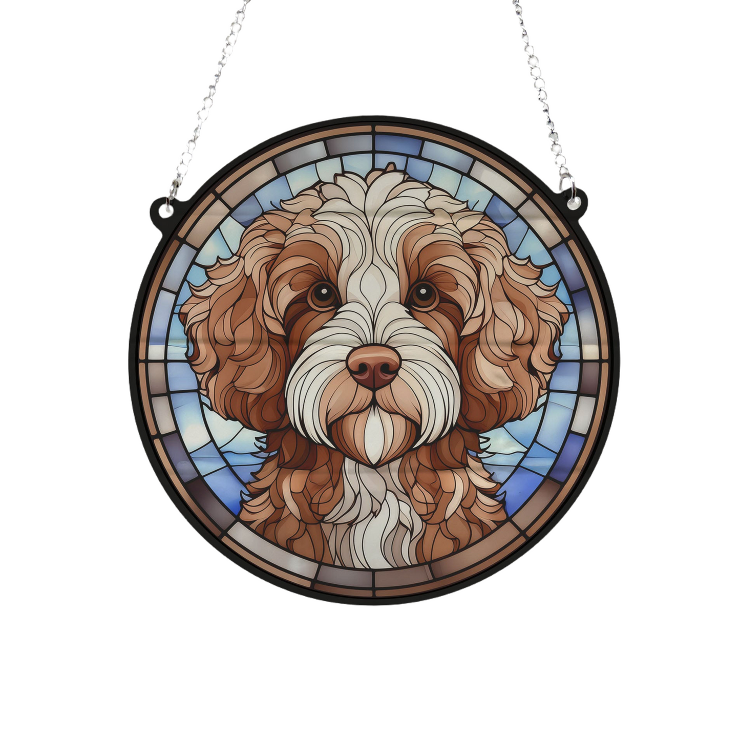 Cavapoo Brown & White Stained Glass Effect Suncatcher