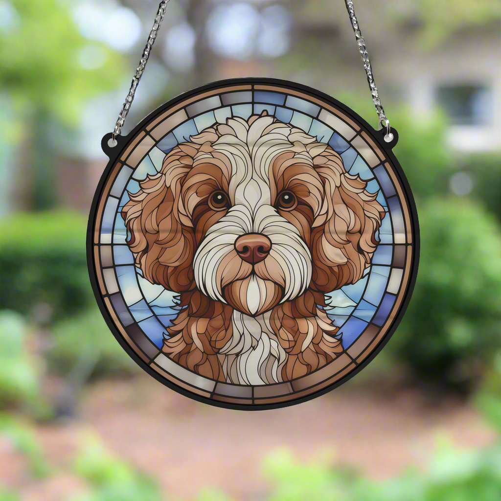 Cavapoo Brown & White Stained Glass Effect Suncatcher