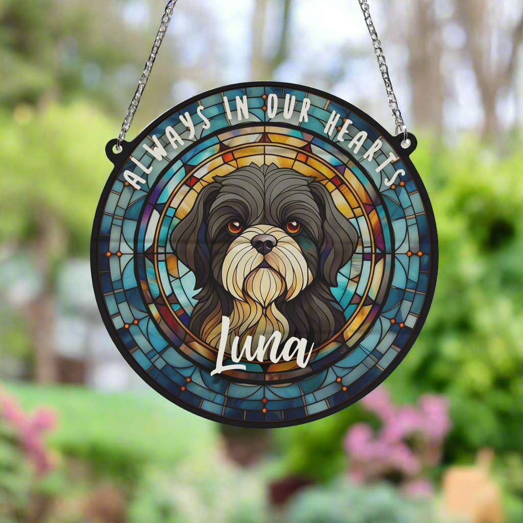 Shih Tzu Black & White Memorial Stained Glass Effect Suncatcher