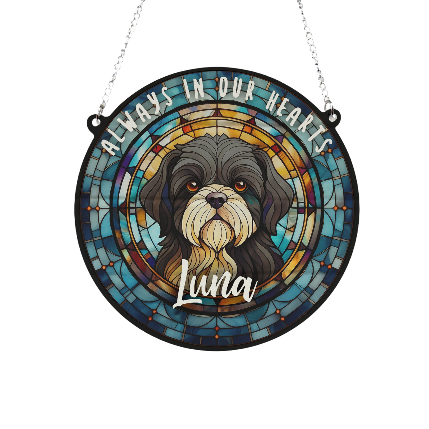 Shih Tzu Black & White Memorial Stained Glass Effect Suncatcher