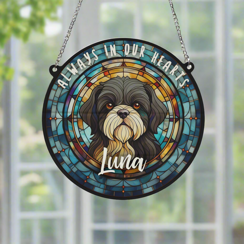 Shih Tzu Black & White Memorial Stained Glass Effect Suncatcher