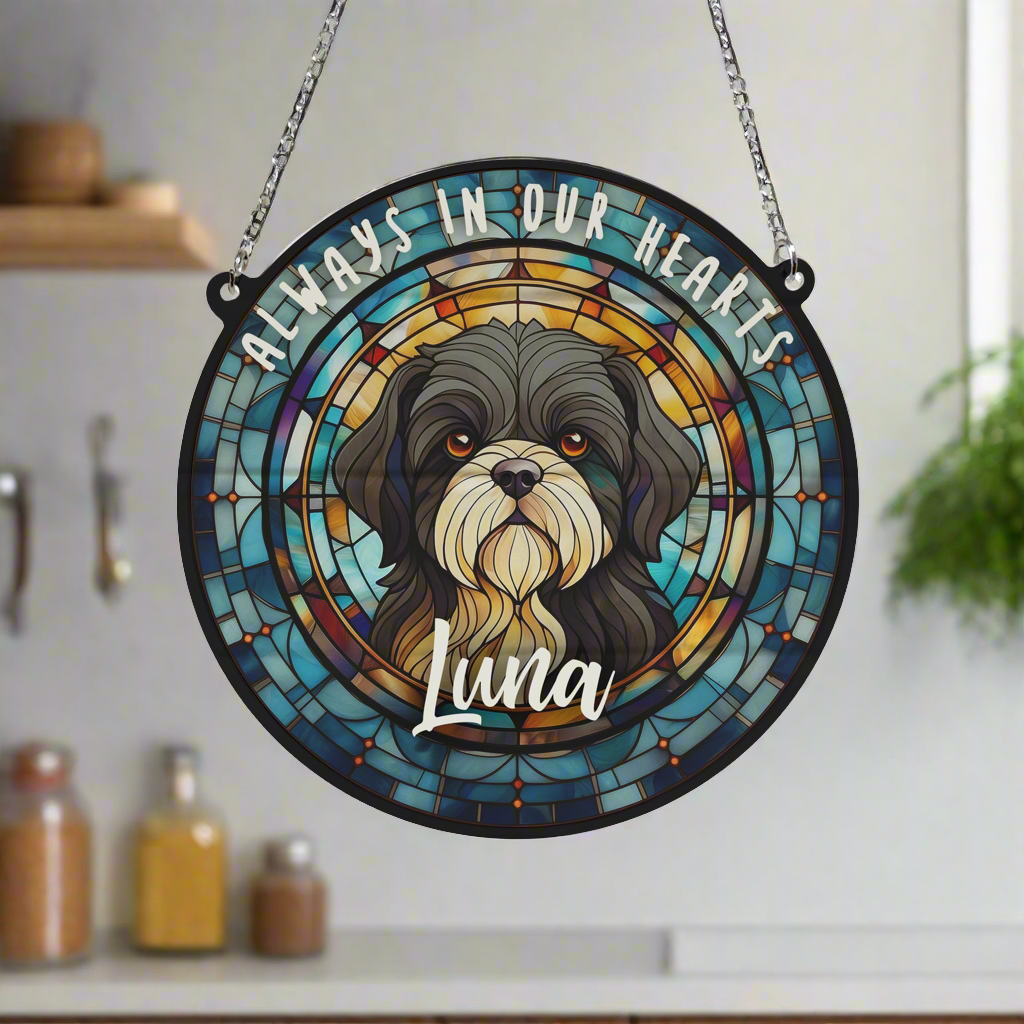 Shih Tzu Black & White Memorial Stained Glass Effect Suncatcher