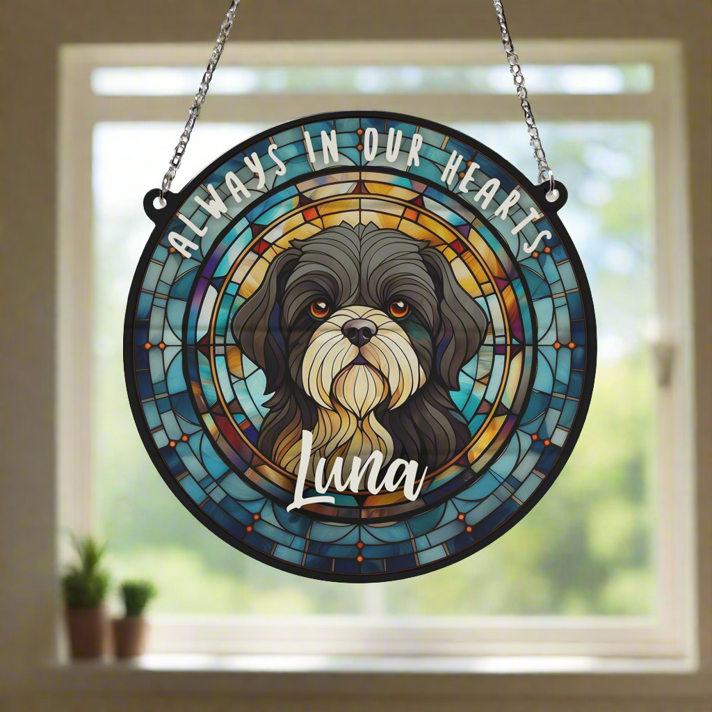 Shih Tzu Black & White Memorial Stained Glass Effect Suncatcher