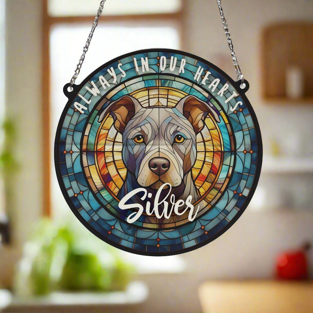 Staffie Grey Memorial Stained Glass Effect Suncatcher