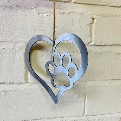 Outline Paw Print Heart - Rustic Rusted Garden Sign