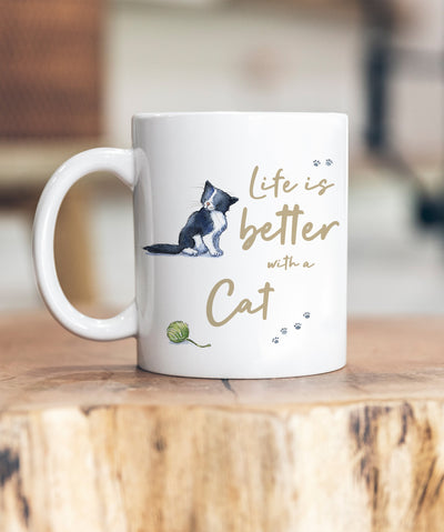 Life is Better Cat Black & White Ceramic Mug