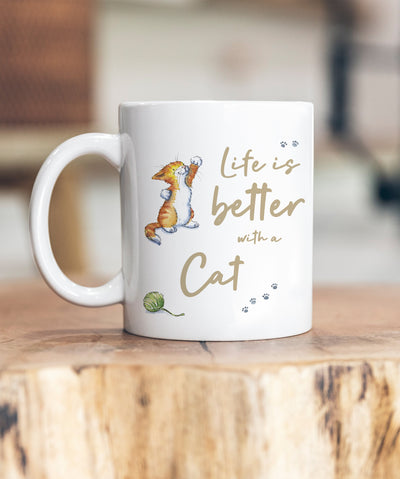 Life is Better Cat Ginger & White Ceramic Mug