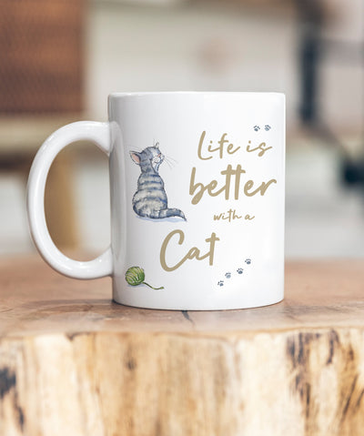 Life is Better Cat Grey & White Ceramic Mug