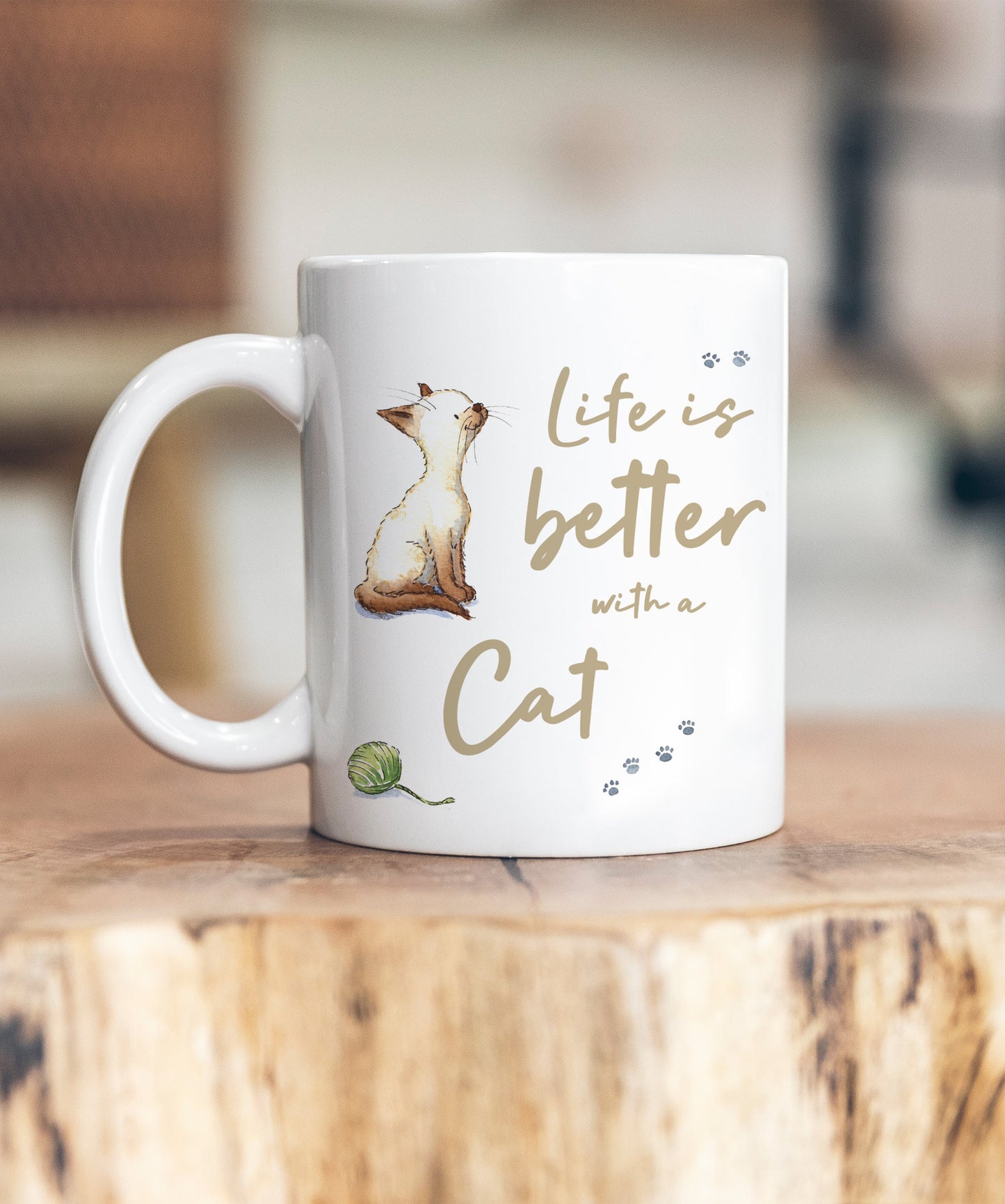 Life is Better Cat Brown & White Ceramic Mug