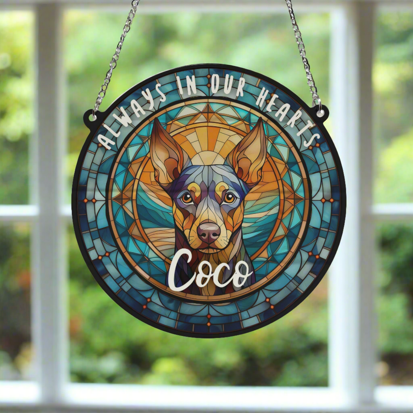 Miniature Pinscher Memorial Stained Glass Effect Suncatcher