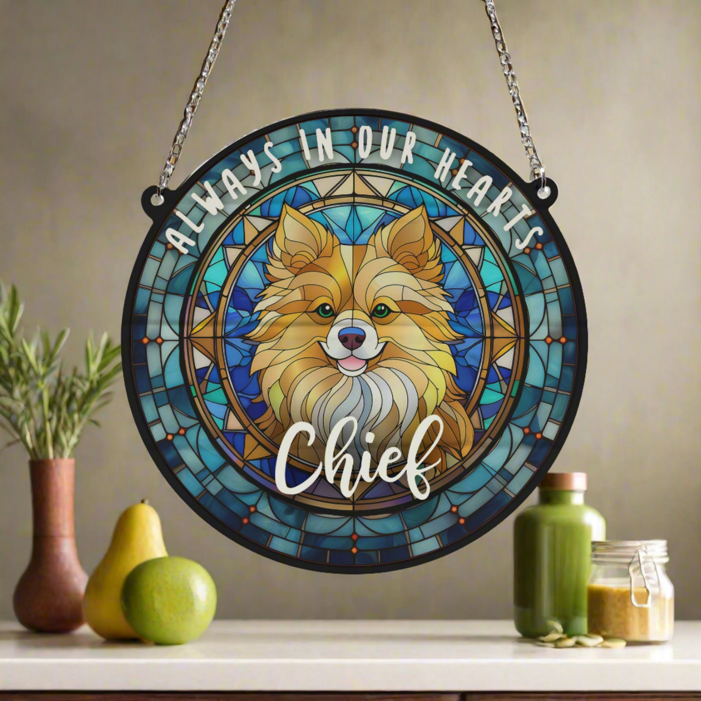 Pomeranian Memorial Stained Glass Effect Suncatcher